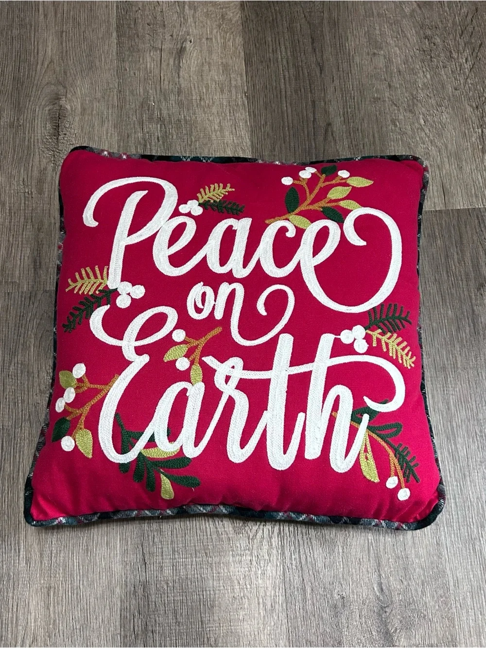 Vintage Embroidered Red Holiday Throw Pillow Peace on Earth